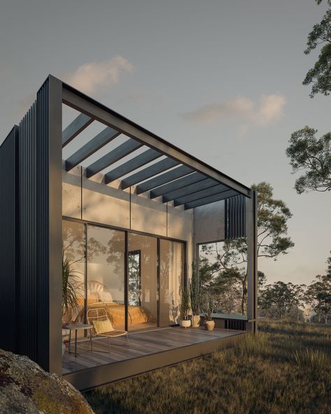 A modern Archiblox prefab home designed to be a retreat for functional & comfortable living through a smart layout with clever use of space. Click for more info.  #prefab #homedesign #decor #house #architect Modern Modular Homes, Gum Trees, Prefab Home, Pod House, Modern Prefab Homes, Container Houses, Rural House, Australian Bush, Modern Architects