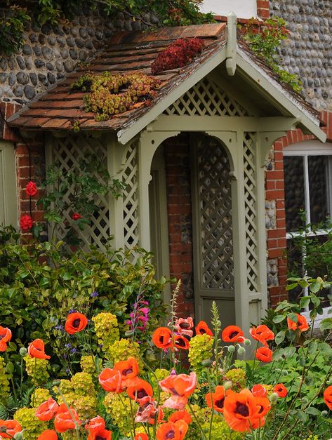 Porch & poppies. | Overstrand is a charming coastal village … | Flickr Irish Cottage Exterior, Roof Plants, Blue Fence, North Norfolk, Cottage Porch, Pretty Cottage, Coastal Village, Stone Cottages, Porch Roof