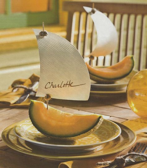 Cantaloupe sailboat Sailboat Parts, Decor Marin, Nautical Party, Summer Tables, Mod Wedding, Boy Shower, Party Inspiration, Nautical Decor, Nautical Theme