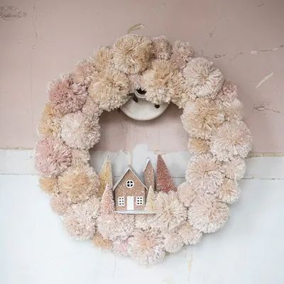 FRENCH COUNTRY CHRISTMAS | Shop Sales Events Antique Farmhouse Fur Wreath, Coffee Filter Wreath, Pom Wreath, French Country Christmas, Pom Pom Wreath, Holiday Greenery, Brush Trees, Paper House, Pink Holiday