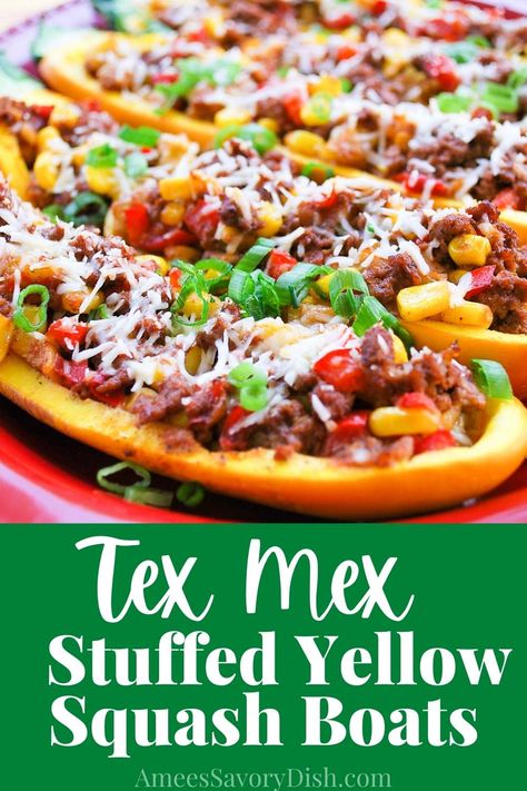 Mexican Stuffed Squash Recipes, Gold Rush Squash Recipe, Stuffed Yellow Squash Boats, Stuffed Yellow Squash Recipes Ground Beef, Stuffed Squash Recipes Yellow, Yellow Squash And Ground Beef Recipes, Squash Boats Yellow, Yellow Squash Boats Stuffed, Ground Beef Stuffed Squash