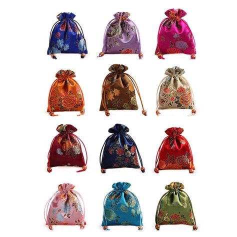 12Pcs/set Silk Brocade Jewelry Pouch Double layer Drawstring Coin Purse Gift Bag Lavender Packaging, Arabian Nights Theme, Silk Purse, Embroidered Handbag, Paris Party, Jewelry Organizers, Embroidered Gifts, Potli Bags, Purse Gift