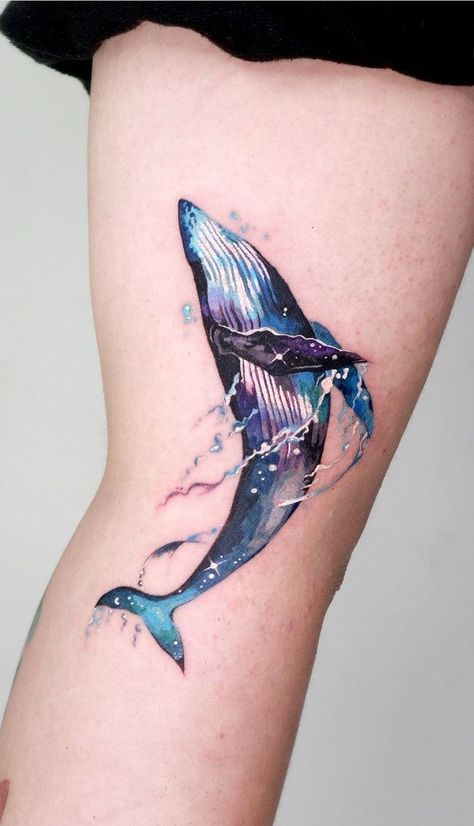 Humpback Whale Tattoo, Side Thigh Tattoos, Floral Thigh Tattoos, Whale Tattoos, Matching Couple Tattoos, Tatuaje A Color, Thigh Tattoos Women, Up Tattoos, Feather Tattoos