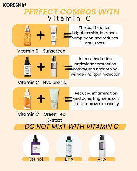 You want to integrate vitamin c 🍊 into your skincare routine 🫧 well know that vitamin c is a super good active that treats many skin problems 🤗 like spots, dull complexion and makes the skin smoother and brighter. On the other hand, vitamin c doesn't mix with everything ❌ in this post you'll find the best combinations with vitamin c!😄 Find all skincare products on the link 🔗 in the bio 🛍️! We deliver everywhere in Europe🇪🇺✈️. 🏷️Retinol Intense Reactivating Serum 0.1% @somebimy 🏷️ AHA/BHA Cla... Best Vitamin C Serum For Oily Skin, Skin Care For Mixed Skin, Vitamin C Skincare Routine, Vitamin C Skin Benefits, How To Use Vitamin C Serum For Face, Skin Care Combinations, C Serum, Best Vitamin C Serum For Face, Combination Skin Routine Products