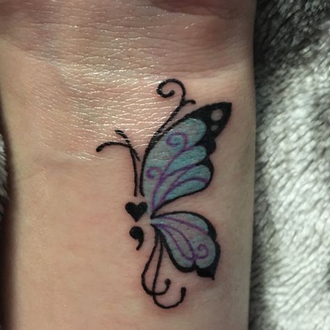 My concept of the semi colon tattoo along with the butterfly project. 🦋❤ #tattoo #semicolonproject #butterflytattoo Semi-colon Tattoo Color, Fairy Semicolon Tattoo, Colin Tattoo Semi, Teal And Purple Semicolon Tattoo, Semi Colon Cover Up Tattoo, Butterfly Semi Colon Tattoos For Women, Semi-colon Butterfly Tattoo Simple, Hidden Semi-colon Tattoo Ideas, Semi Colon Tattoos For Women