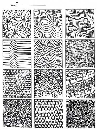 drawing using textures | Have a variety of textures: soft, smooth, rough, etc. Zentangle Kunst, Arte Doodle, Texture Drawing, Art Worksheets, Tangle Art, Zentangle Drawings, Doodles Zentangles, Drawing Practice, Zentangle Art