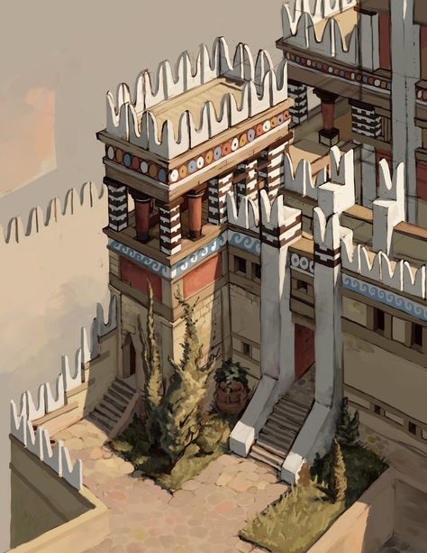 ArtStation - Minoan Palace Minoan Architecture, Minoan Art, Gardens Of Babylon, Fantasy World Map, Roman City, Ancient Greek Architecture, Neoclassical Architecture, Architecture Building Design, Ancient Buildings