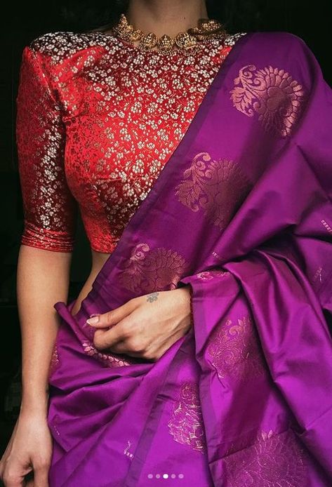 Purple Saree Contrast Blouse, Dark Purple Saree, Magenta Saree, Saree Contrast Blouse, Traditional Silk Saree, Purple Saree, Fashionable Saree Blouse Designs, Dark Magenta, Indian Saree Blouse