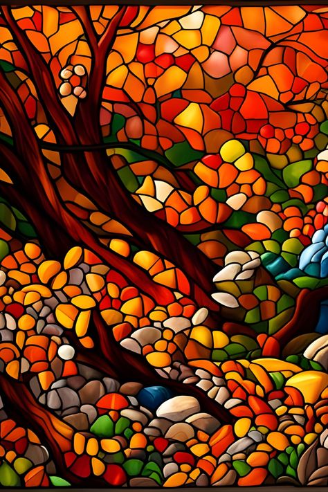 Faux stained glass image of autumn foliage Four Seasons Art, Glass Painting Patterns, Autumn Foliage, Seasons Art, Faux Stained Glass, Fall Foliage, Painting Patterns, Glass Painting, Doodle Art