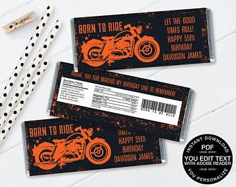 Happy 55th Birthday, Motorcycle Party, Motorcycle Birthday, Birthday Edit, Candy Bar Labels, Candy Bar Wrappers, Bar Wrappers, Printer Paper, Instant Download Printable