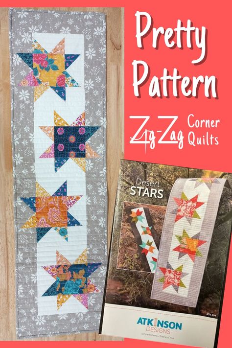 Here's a pretty table runner project made with desert stars pattern by Atkinson Designs using twelve 5" charm squares and background and border fabric. It's easy to machine quilt and 12" x 41" in size. You can purchase this fabric on our website or in-store at our Greenfield IN shop, Zig-Zag Corner Quilts. Charm Square Table Runner Free Pattern, Charm Square Table Runner, Square Table Runner, Desert Stars, Background Border, Charm Squares, Stars Pattern, Desert Sky, Table Runner Pattern