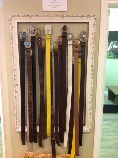 How To Display Belts In A Boutique, Belt Display Retail, Belt Display Ideas, Belt Displays, Laundry Room Utility Sink, Charity Shop Display Ideas, Boutique Store Displays, Creative Booths, Vintage Store Displays