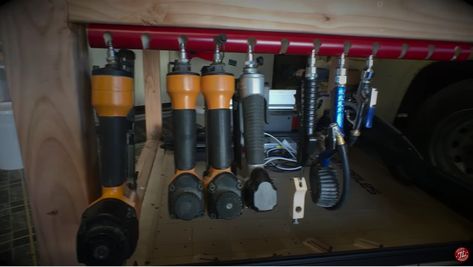 DIY Air Tool Holder Air Tool Storage, Barn Remodel, Tool Rack, Workshop Ideas, Shop Storage, Exterior Ideas, Tool Holder, Air Tools, Tool Storage