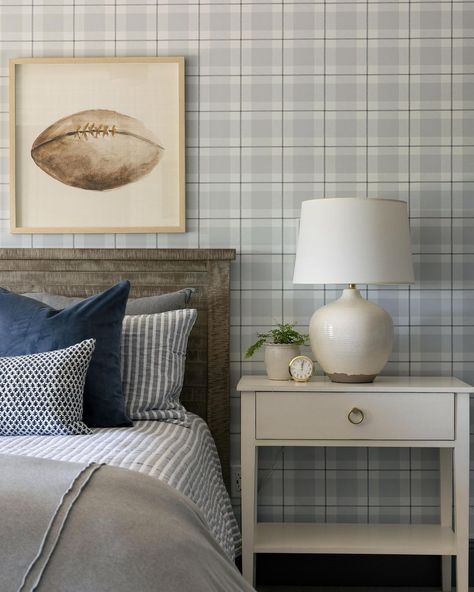 Bria Hammel Interiors (@briahammelinteriors) • Instagram photos and videos Pb Teen Boys Bedroom, Boys Bedroom Bedding, Boys Vintage Sports Bedroom, Boys Room Plaid Wallpaper, Boys Plaid Bedroom, Blue Plaid Bedroom, Boys Vintage Bedroom, Plaid Wallpaper Bedroom, Preppy Boys Room