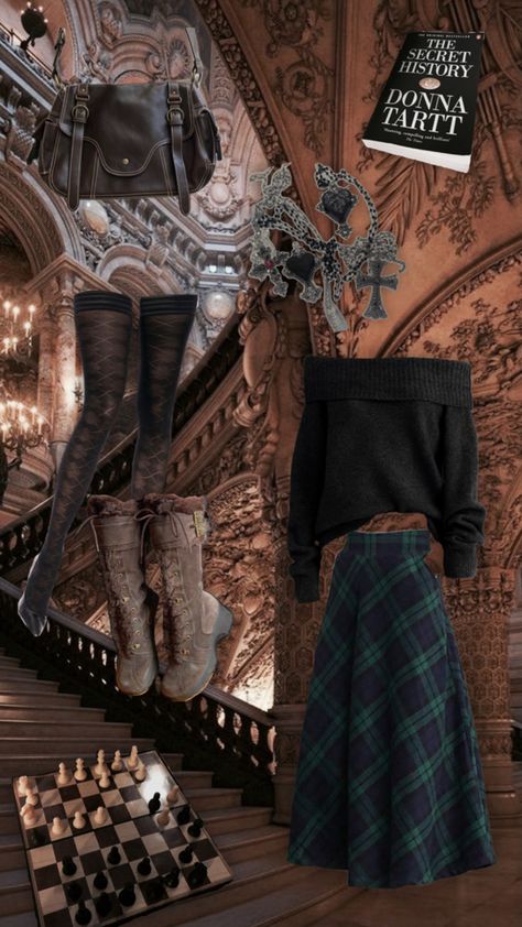 long plad skirt, oversized off the shoulder sweater, boots, stockings, dark academia, leather bag, the secret history donna tart, jewelry Horror Academia Outfits, Ghost Academia, Dark Library Aesthetic, Horror Academia, Dark Library, Dark Academia Aesthetic Outfit, Academia Aesthetic Outfit, Dark Academia Outfit, Academia Outfits