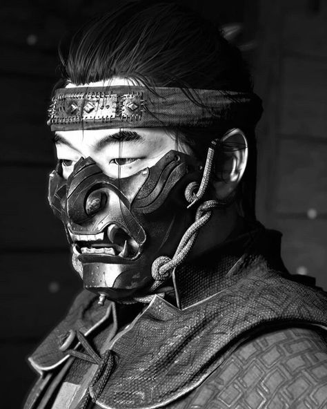 Japanese Mask Samurai, Samurai Art Reference, Jin Sakai Tattoo, Samurai Face Tattoo, Samurai Mask Art, Ghost Of Tsushima Tattoo, Samurai Face Mask, Ghost Tsushima, Samurai Portrait