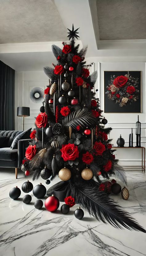 Black And Red Christmas Tree Decorations, Christmas Tree With Red Roses, Red Rose Christmas Tree, Modern Black Christmas Tree, Black And Red Christmas Tree, Red And Black Christmas Tree, Black White And Red Christmas, Gothic Christmas Tree, Christmas Tree Feathers