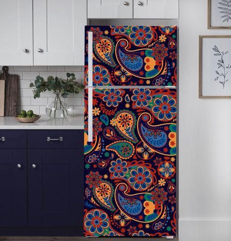 "Fridge Wrap Sizes you can choose in Options.  1 Wrap - for all front doors (I'll cut it according to the dimensions that you indicate in the comment). If you need sides too, please choose 3 pieces.  ☆ For 2 pсs -20% DISCOUNT (1 front + 1 side) ☆ For 3 pсs -30% DISCOUNT (1 front + 2 side) ------------------------------------------------------------ I have Dishwasher Wrap in the same pattern ☆ SET Fridge + Dishwasher Wraps - 10% DISCOUNT ----------------------------------------------------------- If you don't see Size that suits you, please email me. I can make Custom size for any fridge (Top Freezer, Bottom Freezer, French Doors, Side by Side etc.)  MAKE YOUR FRIDGE TRULY PERSONAL!  Sizes Fridge Wrap Paisley and price(W x H):  SET ☆ 1 FRIDGE WRAP (all front doors)☆ 21.6\" x 66.9\" (55 х 17 Ugly Fridge, Refrigerator Decal, Refrigerator Wrap, Fridge Wrap, Fridge Decals, Vintage Fridge, Refrigerator Wraps, Old Gas Pumps, Dishwasher Cover