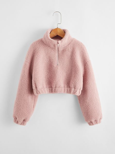 Girls Drop Shoulder Teddy Zip Half Placket Sweatshirt Fur Sweatshirt, Crop Pullover, Sherpa Pullover, Girl Sweatshirts, 가을 패션, Girls Fashion Clothes, Crop Sweatshirt, Sweatshirt Fashion, Baby Pink