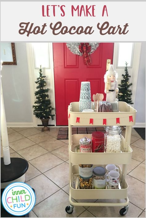 This hot cocoa cart puts all of your supplies for making special Winter treats at your fingertips! Here's a handy list of ideas to make your own. Hot Cocoa Station For Kids, Hot Cocoa Cart Ideas, Hot Chocolate Cart, Hot Cocoa Cart, Christmas Exterior, Coco Bar, Cocoa Station, December Art, Taylor Swift Christmas