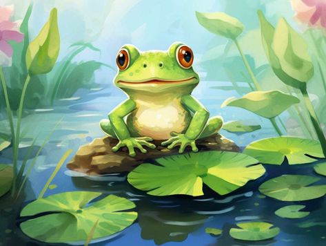 Frog poems Frog In A Pond Drawing, Frog Digital Art, Frog Pond Illustration, Frog Pond Drawing, Embrodiary Ideas, Cute Frog Painting, Frog Mural, Frog Poem, Frog In Pond