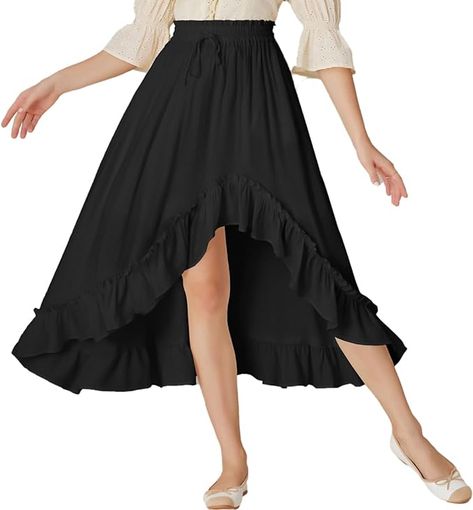 Amazon.com: Scarlet Darkness Black Midi Skirt Ruffle Hem Flowy Skirt Elastic High Waist Renaissance Goth Skirt Black S : Clothing, Shoes & Jewelry Long Ruffle Skirt, Black Flowy Skirt, Skirt Asymmetrical, Ruffle Hem Skirt, Skirt Summer, Women Skirts, Irregular Hem, Skirt With Pockets, Hem Skirt