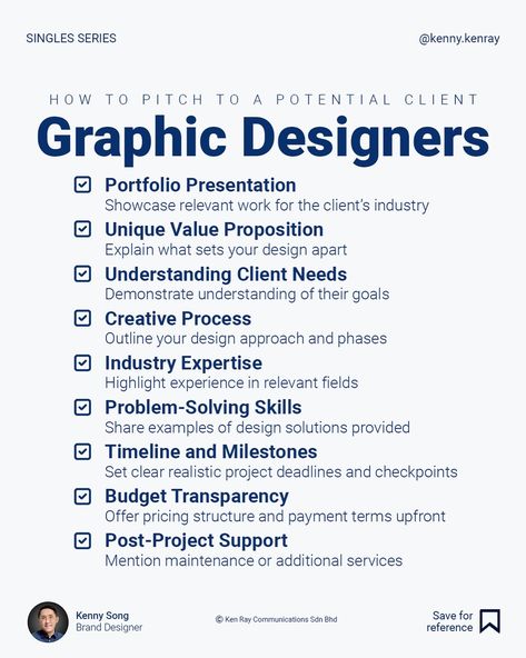 You have a potential client that is interested in your service. How do you pitch to potential clients so they feel assured about hiring you? This checklist can help streamline the pitch and communicate value efficiently.  Follow @kenny.kenray for more tips in branding and design. #businessofdesign #designbusiness #graphicdesigning #graphicdesign #graphicdesigner #graphicdesigntips #creative #creativity #creatives #creativeindustry #creativelife #freelancer #freelancerdesigner #clientexperi... Graphic Design Checklist, Creative Strategy, Career Plan, Mind Art, Illustrator Design Tutorial, Graphic Design Assets, Portfolio Presentation, Career Planning, Learning Graphic Design