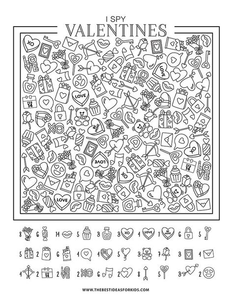 I Spy Valentine Free Printable Sheet Valentines Printables Free Kids, Valentine Coloring Sheets, Printable Valentines Coloring Pages, Spy Games For Kids, Valentine Bingo, Valentines Day Drawing, 1st Grade Art, Easy Kids Crafts, Easy Valentine Crafts