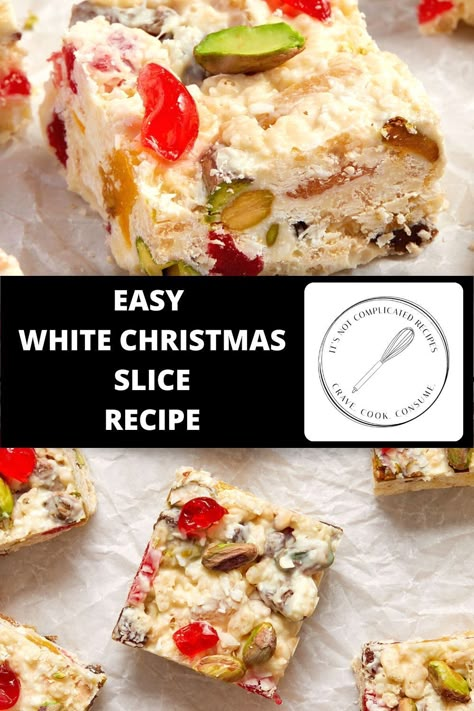 White Christmas Slice is a traditional sweet treat in many Australian households over the festive season. In fact, for many people here in Australia, Christmas would not be the same without this easily-made dessert. Creamy white chocolate, glacé cherries, pistachios, dried apricots and sultanas are combined with rice cereal and coconut for the perfect festive treat. Make this White Christmas recipe a tradition in your household too! Christmas Slice, White Chocolate Christmas, Rice Bubbles, Australia Christmas, Complicated Recipes, Glace Cherries, Recipes For Christmas, Australian Christmas, Chocolate Christmas