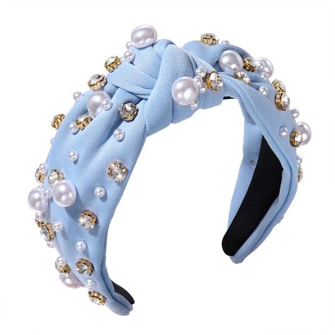 PRICES MAY VARY. 【Pearl Knotted Headband】Are you a pearl lover?! Our white Pearl Top Knot Headband is just what you need! The velvet material, top knot and pearls rhinestones jeweled headband will help dress up any outfit! Our Luxury Knotted Bling and Bedazzled Cloth Adult Headband is such a cute, trendy, and stylish hair accessory to complement almost any outfit this season. this unique and comfy hand sewn headband is sure to turn heads this season ! 【Comfy Pearl Hairband】The retro Tie Knot Hea Bachelorette Party Hair, Pearl Hairband, Sewing Headbands, Pearl Top, Party Hair Accessories, Bride Headband, Blue Headband, Jeweled Headband, Headband For Women