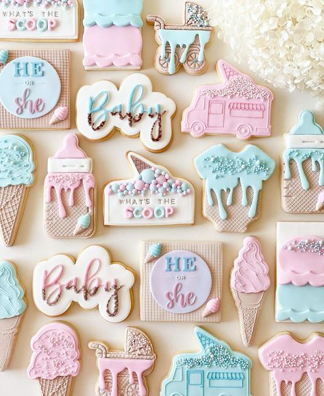 CUSTOM COOKIES SYDNEY on Instagram: “WHATS THE SCOOP? 🍦 How fun is this gender reveal theme?! I think it goes without saying that I’m here for ANY opportunity to put my drip…” Disney Cars Theme Birthday Party, Scoop Gender Reveal, Gender Reveal Candy, Gender Reveal Theme, Gender Reveal Cookies, Flooding Cookies, Royal Iced Cookies, Gender Reveal Themes, Cookies Theme