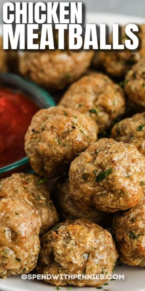 Make these versatile Chicken Meatballs for an easy keto snack—just swap breadcrumbs with pork rinds. Keto buffalo meatballs? Yes please! Low carb never tasted so good! #spendwithpennies #chickenmeatballs #entree #appetizer #recipe #ground #healthy #baked #dinner #easy Ground Chicken And Pork Meatballs, Homemade Chicken Meatballs, Meatballs With Pork Rinds, Keto Chicken Meatballs, Freezable Recipes, Buffalo Meatballs, Chicken Meatballs Healthy, Ground Chicken Meatballs, Meatball Dishes