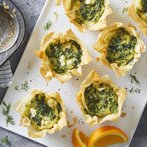 Muffin-Tin Spanakopita Omelets Mediterranean Diet Breakfast, Diet Breakfast, Frozen Spinach, Cheese Flavor, Mediterranean Diet Recipes, Baked Eggs, Muffin Tin, Fresh Fruits And Vegetables, Perfect Breakfast