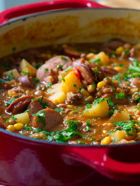 Cowboy Stew | 12 Tomatoes Cowboy Stew, Cowboy Beans, Canning Sweet Corn, 12 Tomatoes Recipes, Kielbasa Sausage, Tomatoes Recipe, 12 Tomatoes, Soup And Sandwich, Oven Recipes