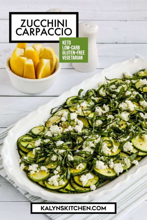 "Pinterest Image of Zucchini Carpaccio showing zucchini salad in oval serving dish with lemon wedges in small dish and salt and pepper on the side." Raw Zucchini Salad, Zucchini Carpaccio, Carpaccio Recipe, Amazing Salads, Zucchini Salad, Low Carb Salad, Zucchini Bread Recipes, Fun Salads, Curry Chicken Recipes