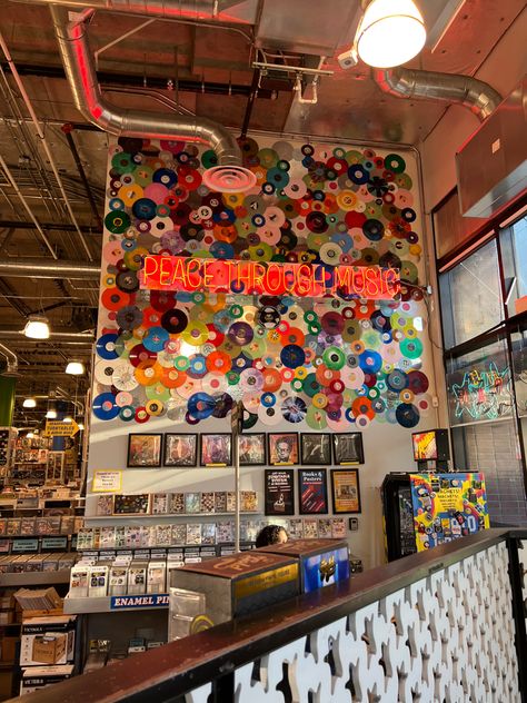 1970s Record Store, 70s Store Aesthetic, Record Store Coffee Shop, Record Store Decor, Retro Record Store, Retro Shop Interior, Record Store Cafe, Vinyl Coffee Shop, Record Store Interior