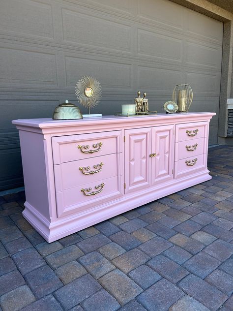 SOLD! Please Do Not Purchase Beautiful Vintage Dresser/Credenza/ Sideboard/ Nursey.  This  is a Vintage piece. All handles and hardware are original to keep the gorgeous  aged/vintage look. This is a solid wood piece and would be beautiful in any area of your home. Visit Restoredbymoi.com for discounts. Shipping: Customer pays shipping cost. Please note that shipping furniture can be expensive. I have incorporated a flat rate shipping cost for my customers. USHIP and CitizenShipper are the compa Colorful Dresser Makeover, Maximalist Nursery Decor, Trunk Painting Ideas Diy, Light Pink Dresser, Refurbished Furniture Ideas, Mcm Credenza, Hot Pink Furniture, Dresser Pink, Dressers Bedroom