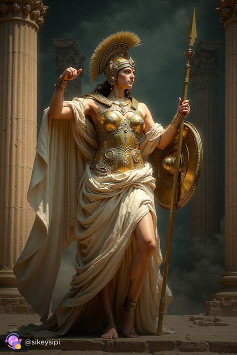 With an aura of courage and command, this warrior embodies the spirit of protection and heroism. Ready to defend her realm with both sword and shield, she is the epitome of valor. #BattleMaiden #DefenderOfRealms #MythicHeroine #ValorAndStrength #EpicWarrior #AncientHeroism #TimelessProtection Warrior Princess Art, Amazon Warriors, Greek Goddess Art, Roman Warriors, Amazon Warrior, Roman Gods, Greek Gods And Goddesses, Greek Tattoos, Roman Goddess