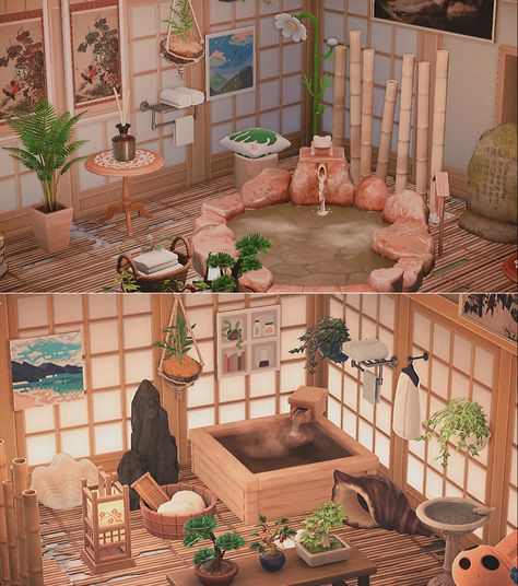 Acnh Bathroom Ideas, Japanese Bathroom Ideas, Japanese Cottage, Japanese Bath House, Spa Room Ideas, Japanese Spa, Japanese Bathroom, Acnh Cottagecore, Cottage Living Room