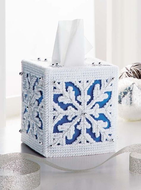 Mary Maxim - Snowy Winter Plastic Canvas Tissue box Cover - Plastic Canvas Plastic Canvas Tissue Box Cover, Plastic Canvas Box Patterns, Kleenex Box Cover, Elegant Snowflake, Mary Maxim, Kleenex Box, Christmas Arts And Crafts, Plastic Canvas Tissue Boxes, Plastic Canvas Christmas