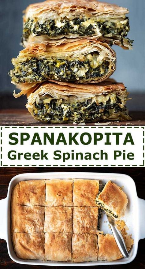 Spanakopita (Greek spinach pie) + video Greek Spinach Pie Spanakopita Phyllo Dough, Philo Spinach Feta, Traditional Spanakopita Recipe, Spinach Greek Pie Spanakopita Recipe, Healthy Spanakopita Recipe, Spinach Philo Pastry Recipes, Spinach And Feta Phyllo Rolls, Spinach Pie With Fresh Spinach, Recipe For Spanakopita