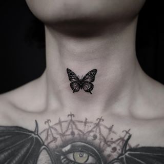 Tattooing with @theclasspen Butterfly Throat Tattoo, Front Neck Tattoo, Butterfly Neck Tattoo, Throat Tattoo, Tattoo Project, Dark Feminine Aesthetic, Black Ink Tattoos, Elegant Tattoos, Flower Tattoo Designs