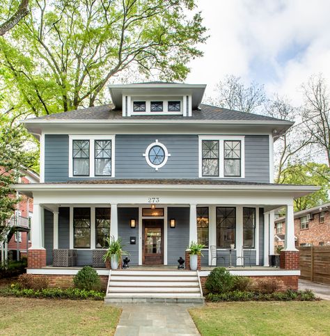 Midtown-American Foursquare Full Home Remodel | Alair Homes Decatur American Four Square House Exterior Colors, Houses In Savannah Georgia, Four Square House Exterior, Four Square Homes Interior, Colonial House With Porch, 1920s House Exterior, American Four Square House, 1900s House, Craftsman Style Exterior