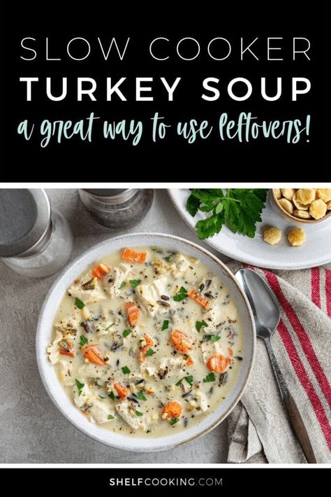 Turkey soup is SO underrated! Just wait until you try this turkey soup crock pot meal. it's an easy, hearty, yummy dinner in MINUTES. Score! Cream Of Turkey Soup, Turkey Soup Crockpot, Turkey Soup Recipes, Slow Cooker Turkey Soup, Creamy Turkey Soup, Turkey Rice Soup, Shelf Cooking, Ground Turkey Soup, Leftover Turkey Soup