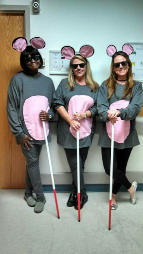 Three blind mice for Halloween at work today … Diy Mouse Costume, Mouse Diy Costume, Mice Makeup Halloween, Mouse Costume Diy, 3 Blind Mice Costume, Blind Mice Costume, Three Blind Mice Costume, Mice Costume, Halloween At Work