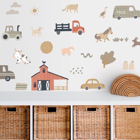 These fun farm fabric wall decals will look fabulous in any modern nursery or bedroom. Wall decals are a great way to quickly create a dramatic impact in any space. Animal Wall Art Nursery, Farm Nursery, Animal Wall Decals, Cartoon Wall, Kids Wall Decals, Farm Decor, Project Nursery, Toddler Room, Red Barn