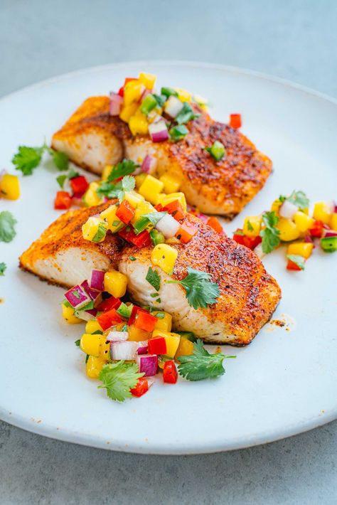 Caribbean Blackened Sea Bass with Mango Salsa | PureFish ® Sea Bass Recipes Healthy, Seabass Recipe, Bass Recipes, Mango Fish, Fish Dinners, Sea Bass Recipes, Mango Salsa Recipes, Homemade Spice Mix, Best Seafood Recipes