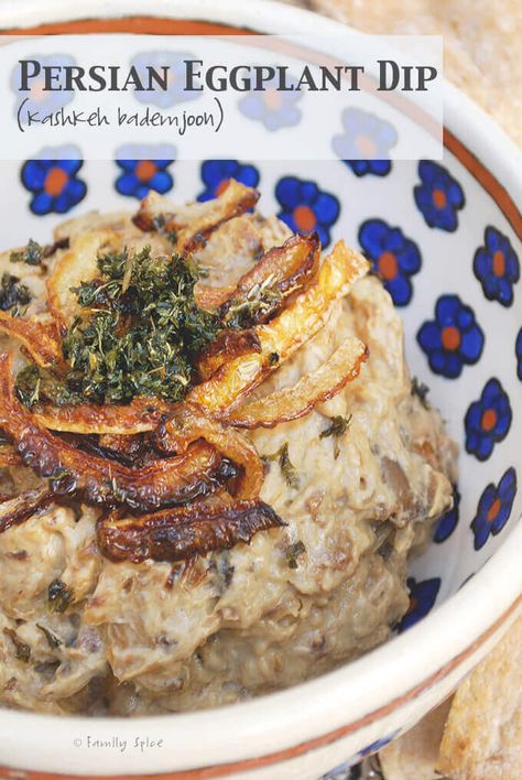 This is a healthier version of Persian Eggplant Dip (Kashkeh Bademjoon) uses baked eggplant and not fried, but it certainly does not skimp in flavor. by FamilySpice.com Kashke Bademjan, Persian Eggplant, Hors Doeuvres, Iranian Recipes, Kitchen Bohemian, Persian Recipes, Iranian Cuisine, Middle East Food, Middle East Recipes