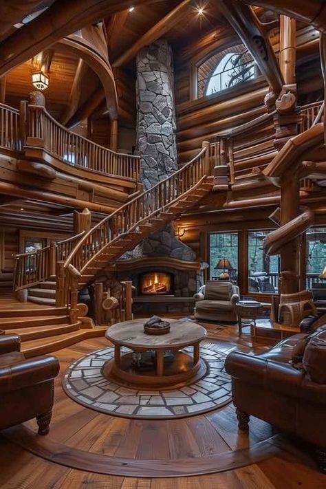 Luxurious log cabin with a spiral staircase, grand stone fireplace, and cozy wooden interiors. Luxury Mountain Homes, Rustic Living Room Designs, Log Cabin Mansions, Mountain Living Room, Rustic Living Room Ideas, Cabin Rooms, Beautiful Houses Exterior, Creative Bathroom Design, Neutral Bedroom Design