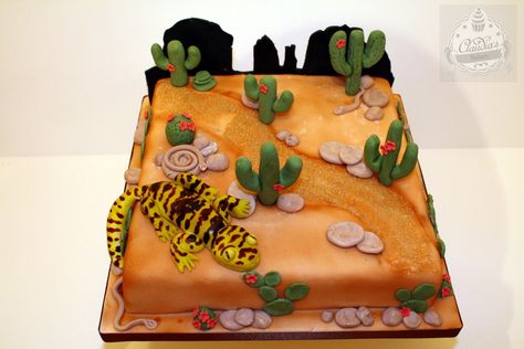 Desert Themed Cake With Handmade Cactus And Gecko By Claudia's Bakery Desert Theme Birthday Cake, Desert Theme Cake Ideas, Desert Themed Cake, Desert Cake Theme, Gecko Cake, Sheet Cakes Decorated, Birthday Desert, Racing Cake, Camping Cakes